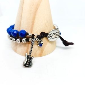 Lucky Brand Leather Multi Strand Bracelet Silver Tone & Blue Beads Guitar Charm